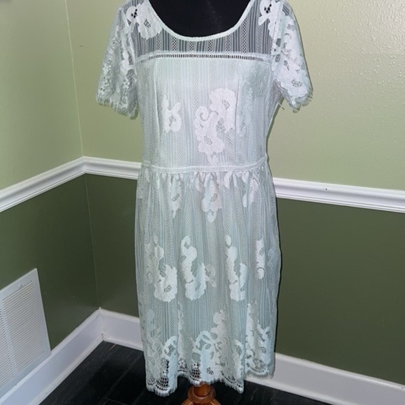 Pale Green Lace Dress short sleeved side zipper - Picture 4 of 13